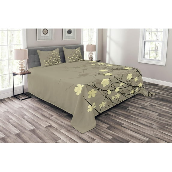 Ambesonne Flower Quilted Bedspread Set 3 Pcs, Retro Floral, King Size, Beige Brown