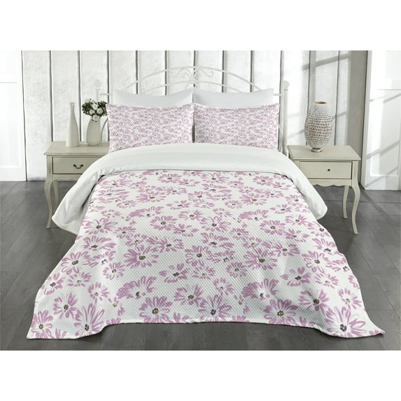 Ambesonne Flower Quilted Bedspread Set 3 Pcs, Romantic Florals Petals, King Size, Pale Pink White