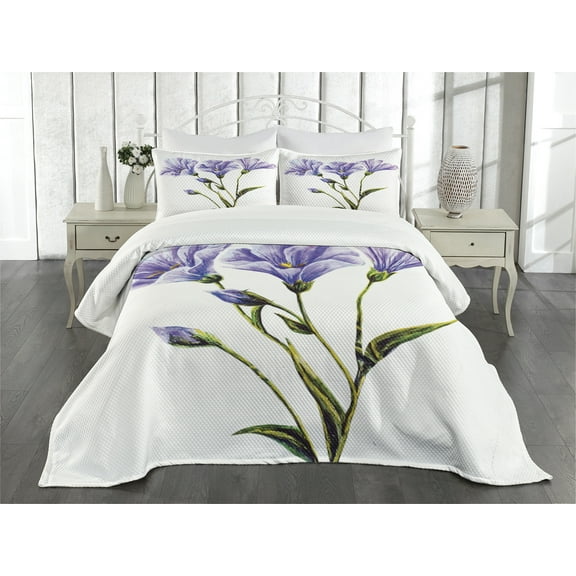 Ambesonne Flower Quilted Bedspread Set 3 Pcs, Romantic Summer, King Size, White Violet Green