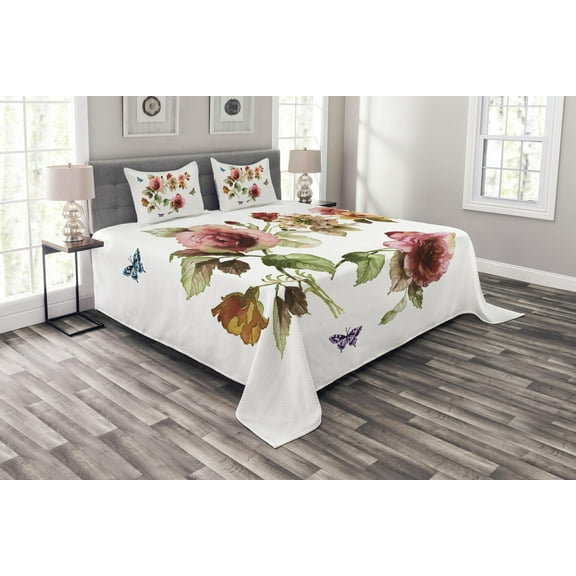Ambesonne Flower Quilted Bedspread Set 3 Pcs, Shabby Plant Roses Buds, King Size, Multicolor