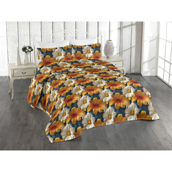 Ambesonne Flower Quilted Bedspread Set 3 Pcs, Summer Bold Petals Floral, Twin, Slate Blue Orange and Ivory