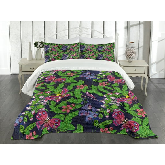 Ambesonne Flower Quilted Bedspread Set 3 Pcs, Tropical Vivid Petal, King Size, Navy Blue Fern Green