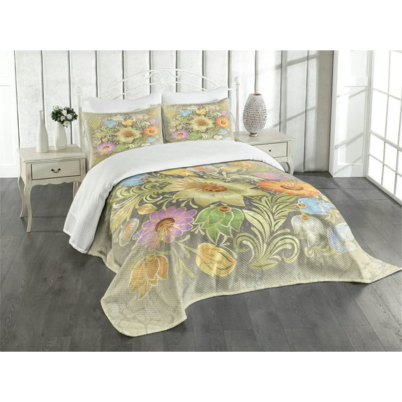 Ambesonne Flower Quilted Bedspread Set 3 Pcs, Vintage Bouquet Bridal, King Size, Multicolor