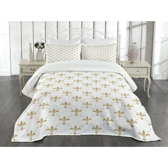 Ambesonne Flower Quilted Bedspread Set 3 Pcs, Vintage Style Lilies, King Size, Yellow and White