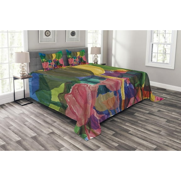 Ambesonne Flower Quilted Bedspread Set 3 Pcs, Watercolor Garden Art, King Size, Multicolor
