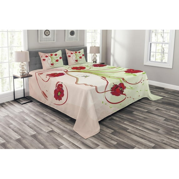 Ambesonne Flower Quilted Bedspread Set 3 Pcs, Watercolor Poppy, Queen Size, Green Red