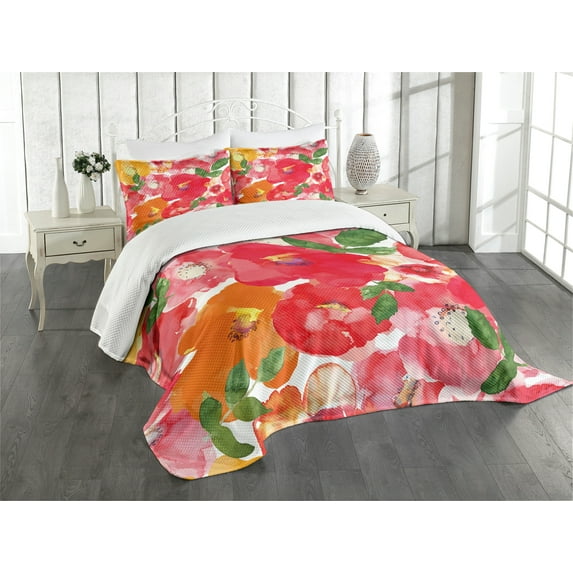Ambesonne Flower Quilted Bedspread Set 3 Pcs, Watercolor Style Floral, Queen Size, Red and Orange