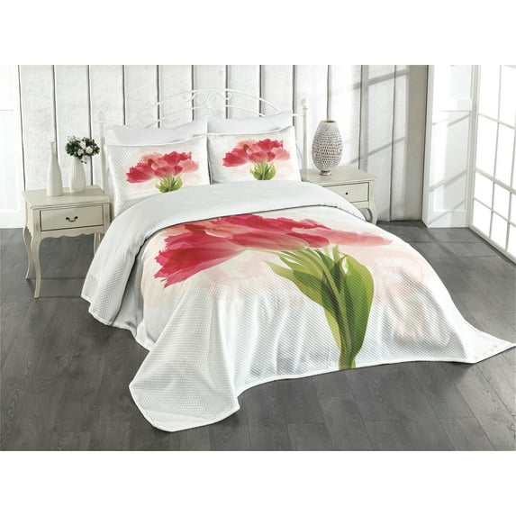 Ambesonne Flower Quilted Bedspread Set 3 Pcs, Watercolor Tulip Bouquet, Queen Size, Pink Coral Green