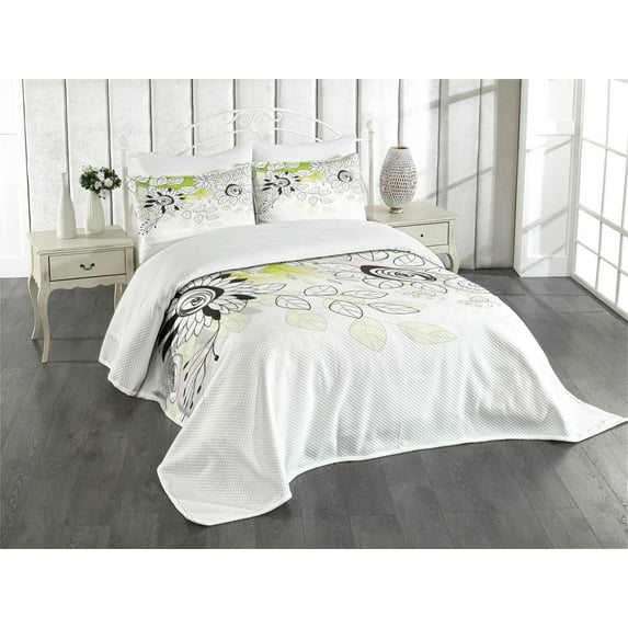 Ambesonne Flower Quilted Bedspread Set 3 Pcs, Wild Field Plants, King Size, Black Eggshell Green