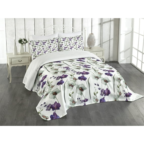 Ambesonne Flower Quilted Bedspread Set 3 Pcs, Wild Orchid Bloom, King Size, Purple White