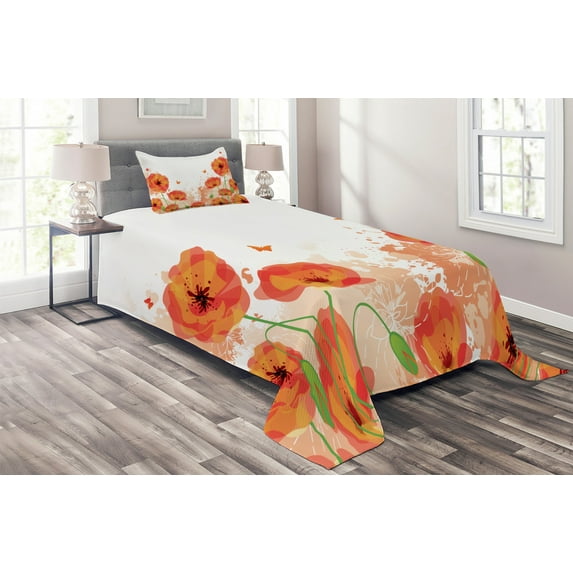 Ambesonne Flower Quilted Coverlet 2 Pcs, Bridal Watercolor Art, Twin Size, Red White