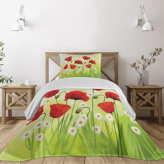 Ambesonne Flower Quilted Coverlet 2 Pcs, Floral Chamomile Poppy, Twin Size, Red Green