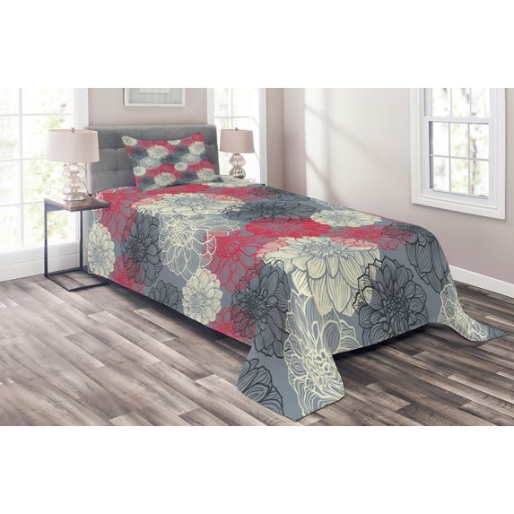 Ambesonne Flower Quilted Coverlet 2 Pcs, Hand Drawn Floral Art, Twin Size, Multicolor