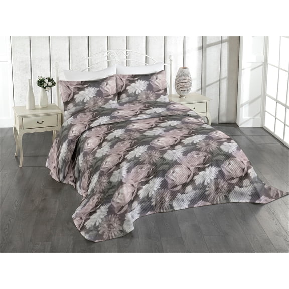 Ambesonne Flower Quilted Coverlet 2 Pcs, Nostalgia Feels Rose Pattern, Twin Size, Dark Taupe Grey and Coconut