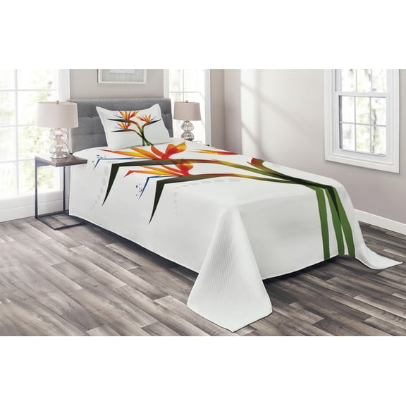 Ambesonne Flower Quilted Coverlet 2 Pcs, Ombre Tropical Garden, Twin Size, Green and Orange