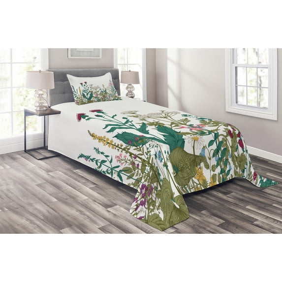 Ambesonne Flower Quilted Coverlet 2 Pcs, Spring Garden Hydrangeas, Twin Size, Multicolor