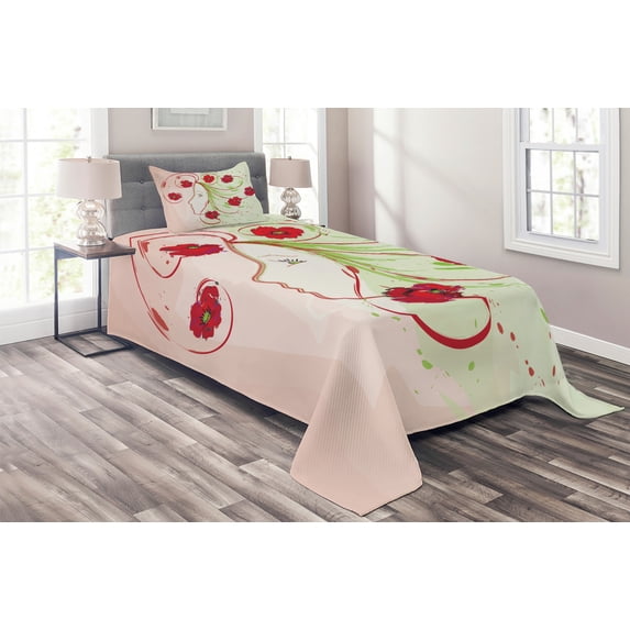 Ambesonne Flower Quilted Coverlet 2 Pcs, Watercolor Poppy, Twin Size, Green Red