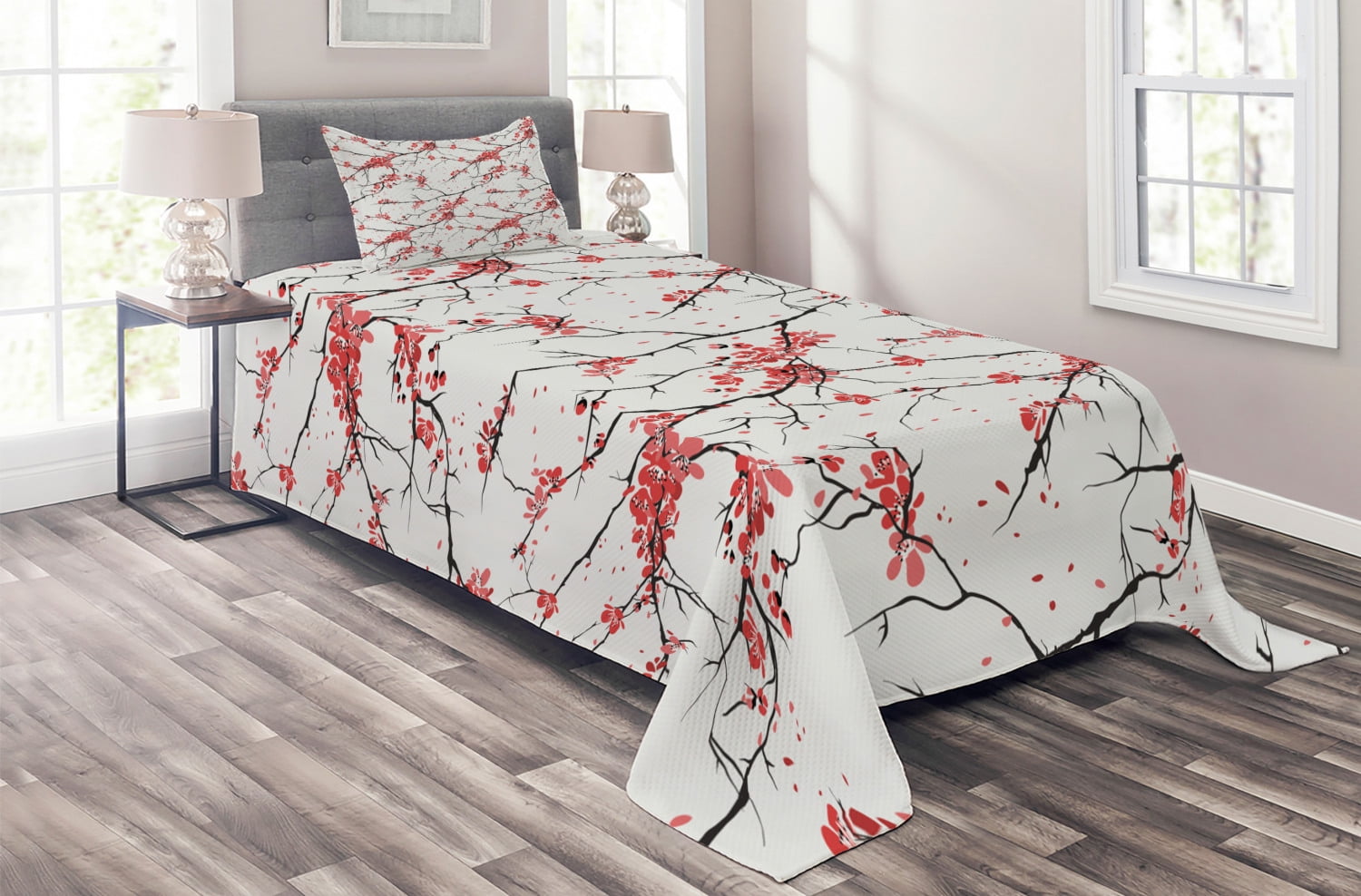 White Twin Quilted Bedspread Set with Floral Design