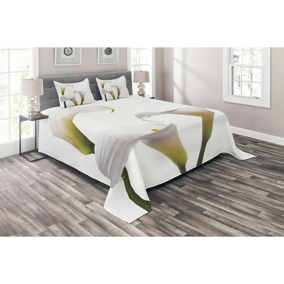 Ambesonne Flower Quilted Coverlet 3 Pcs, Calla Lilies Romantic, Queen Size, Green White Yellow