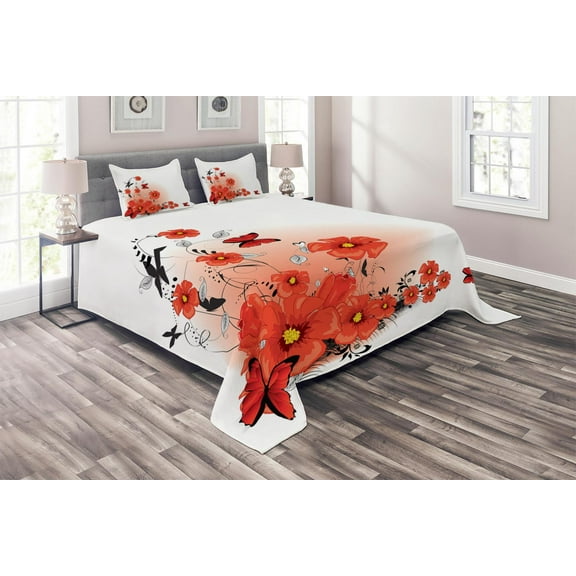 Ambesonne Flower Quilted Coverlet 3 Pcs, Cartoon Poppy Fresh Art, Queen Size, Red White Black