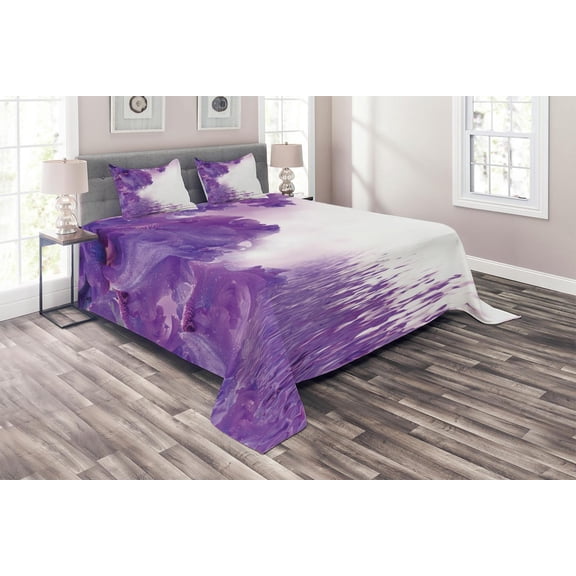 Ambesonne Flower Quilted Coverlet 3 Pcs, Iris Petals, King Size, Violet White