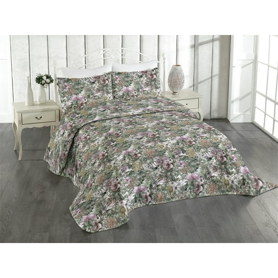 Ambesonne Flower Quilted Coverlet 3 Pcs, Leaves Blossoming Petals Art, Queen Size, Grey Pink and Sage Green