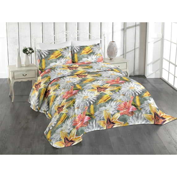 Ambesonne Flower Quilted Coverlet 3 Pcs, Lilies Gerbera Floral Art, King Size, Mustard and Salmon