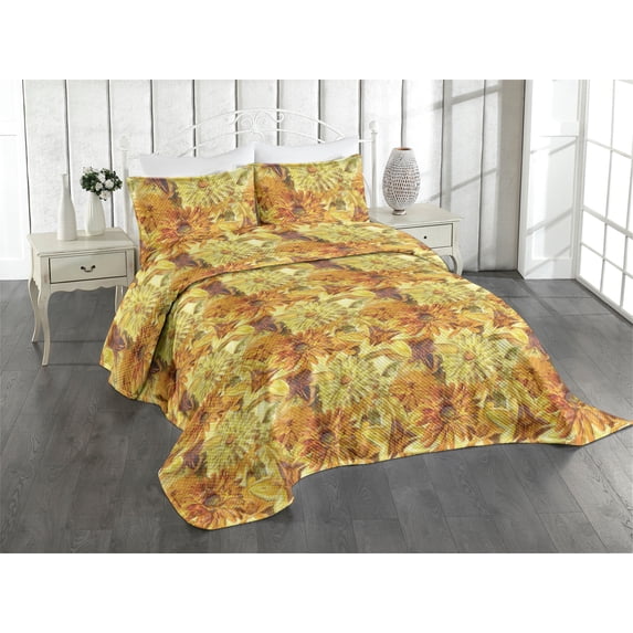 Ambesonne Flower Quilted Coverlet 3 Pcs, Lily Aster and Gerbera Fall, Queen Size, Cinnamon Mustard and Amber