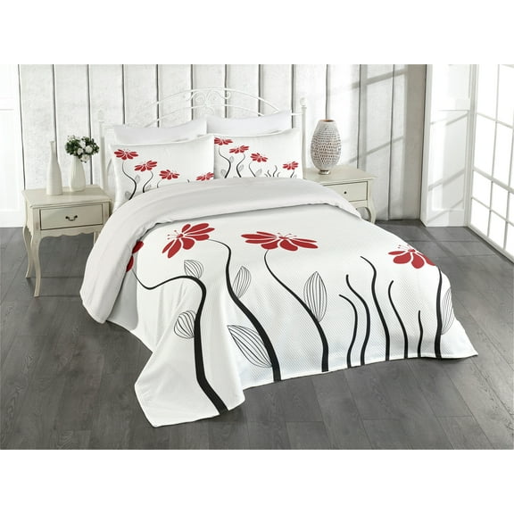 Ambesonne Flower Quilted Coverlet 3 Pcs, Modern Floral Petals, Queen Size, Red and Black