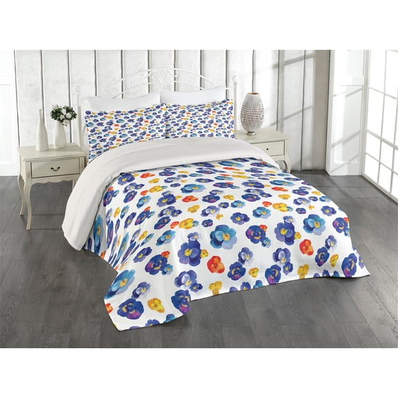 Ambesonne Flower Quilted Coverlet 3 Pcs, Nature Botanic Violet, King Size, Dark Blue Orange