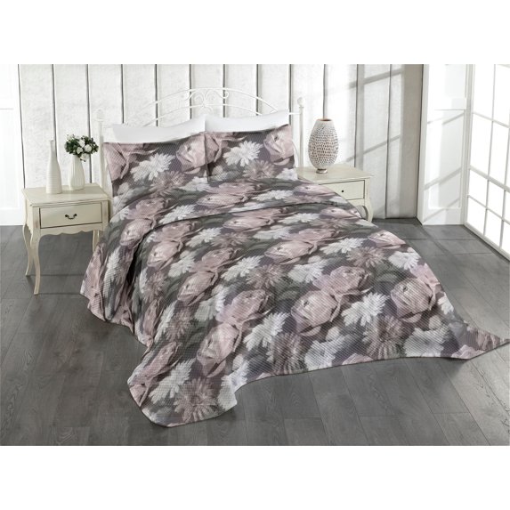 Ambesonne Flower Quilted Coverlet 3 Pcs, Nostalgia Feels Rose Pattern, King Size, Dark Taupe Grey and Coconut