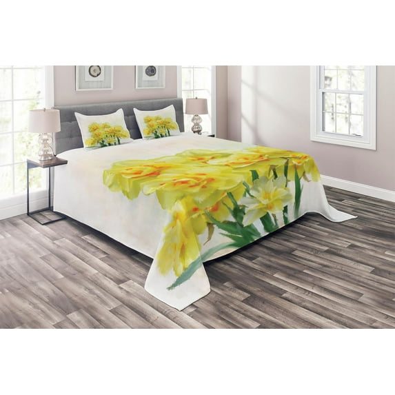 Ambesonne Flower Quilted Coverlet 3 Pcs, Paint of Daffodils Bouquet, King Size, Yellow Green
