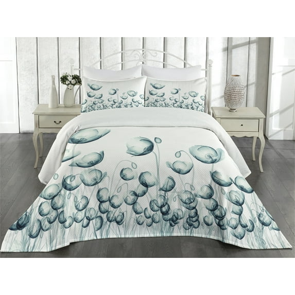 Ambesonne Flower Quilted Coverlet 3 Pcs, Poppy Flora Windy Day, King Size, White Teal