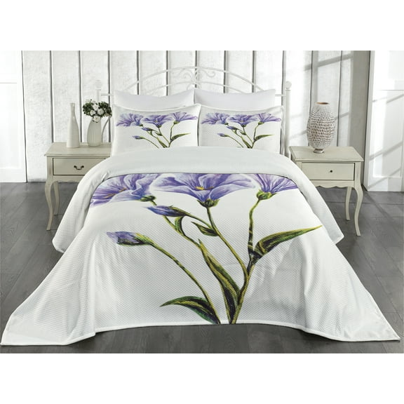 Ambesonne Flower Quilted Coverlet 3 Pcs, Romantic Summer, King Size, White Violet Green