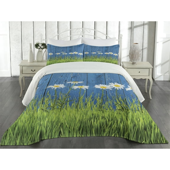 Ambesonne Flower Quilted Coverlet 3 Pcs, Spring Grass and Daisy, Queen Size, Blue Green White