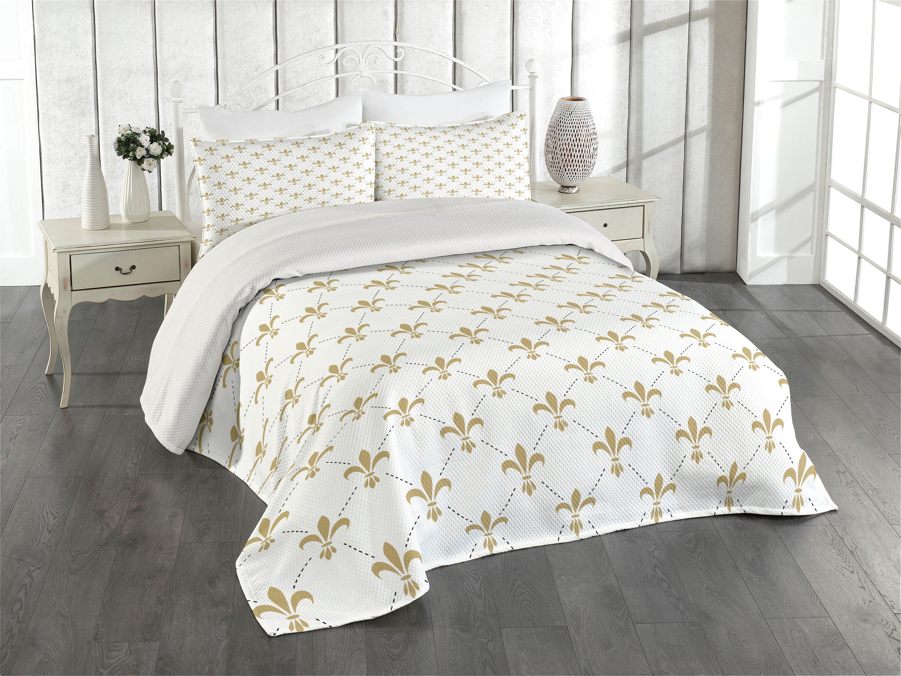 King White and Yellow Floral Polyester Bedspread Set