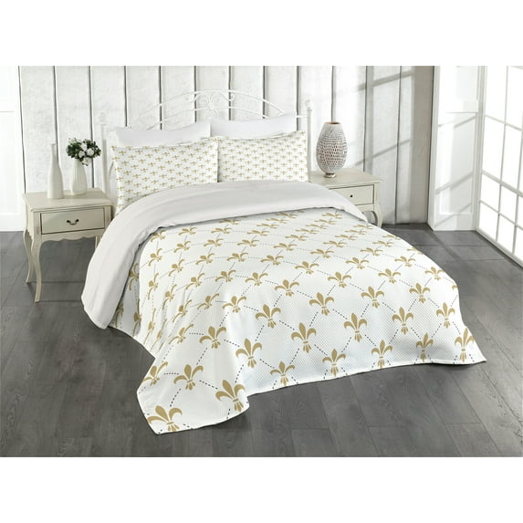 Ambesonne Flower Quilted Coverlet 3 Pcs, Vintage Style Lilies, Queen Size, Yellow and White