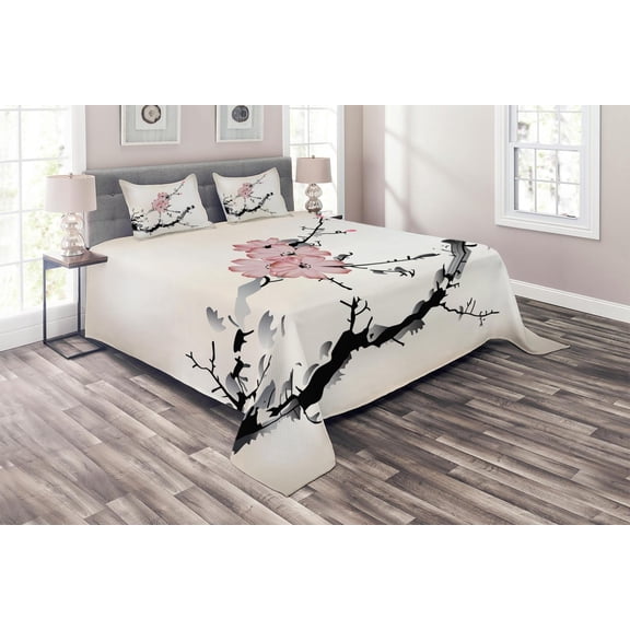 Ambesonne Flower Quilted Coverlet 3 Pcs, Watercolor Art, King Size, Pink Black