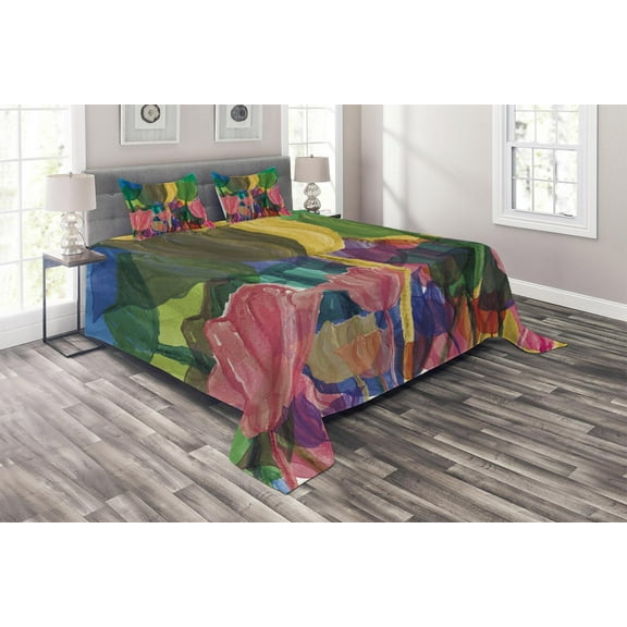 Ambesonne Flower Quilted Coverlet 3 Pcs, Watercolor Garden Art, King Size, Multicolor