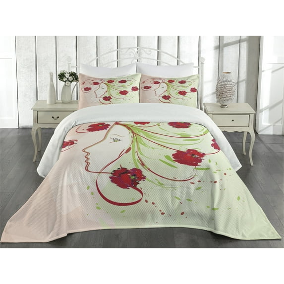 Ambesonne Flower Quilted Coverlet 3 Pcs, Watercolor Poppy, King Size, Green Red