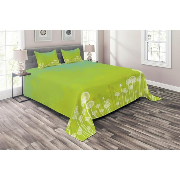 Ambesonne Flower Quilted Coverlet 3 Pcs, Wild Dandelion Blossoms, King Size, Apple Green Seafoam