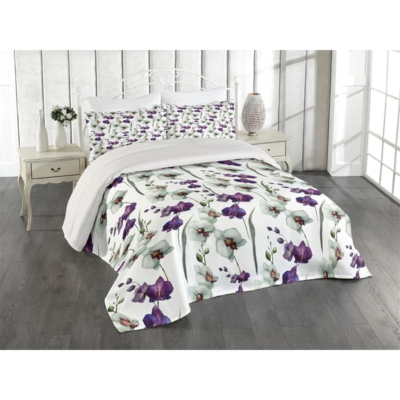 Ambesonne Flower Quilted Coverlet 3 Pcs, Wild Orchid Bloom, King Size, Purple White