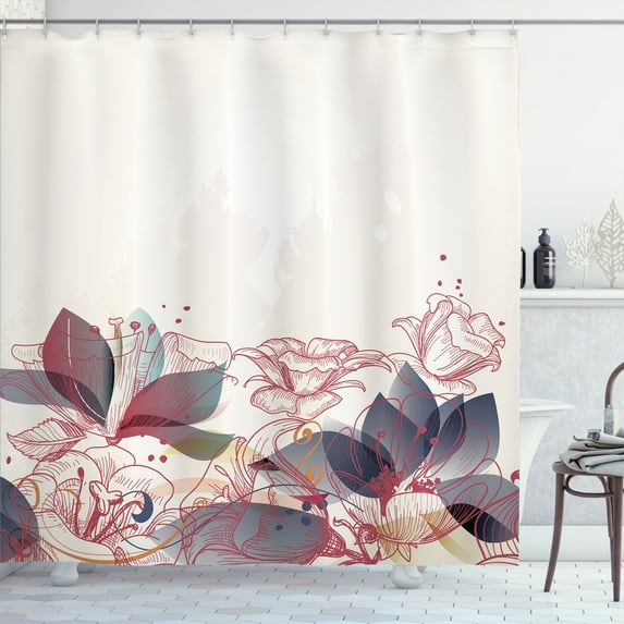 Ambesonne Flower Shower Curtain, Art Floral Romance Hibiscus, 69"Wx75"L, Ruby Ivory