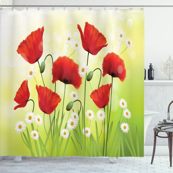 Ambesonne Flower Shower Curtain, Floral Chamomile Poppy, 69"Wx75"L, Red Green
