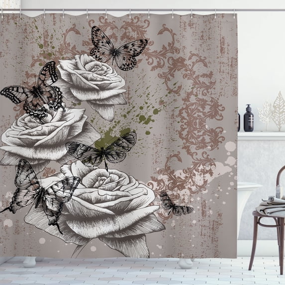 Ambesonne Flower Shower Curtain, Grunge Composition Roses Art, 69"Wx75"L, Dark Eggshell