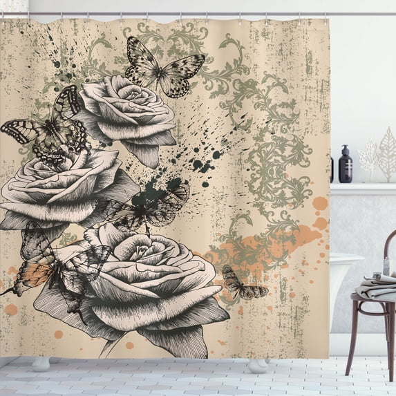 Ambesonne Flower Shower Curtain, Grunge Roses Composition Art, 69"Wx75"L, Evergreen