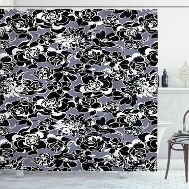 Ambesonne Flower Shower Curtain, Monochrome Flora, 69"Wx75"L, Charcoal Grey and Purpleblue