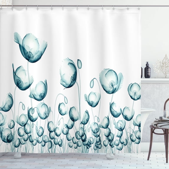 Ambesonne Flower Shower Curtain, Poppy Flora Windy Day, 69"Wx84"L, White Teal