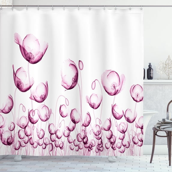 Ambesonne Flower Shower Curtain, Poppy Flowers Windy Day Art, 69"Wx70"L, Pink White
