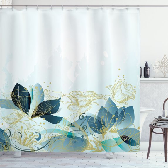 Ambesonne Flower Shower Curtain, Retro Floral Hibiscus Print, 69"Wx75"L, Dark Seafoam